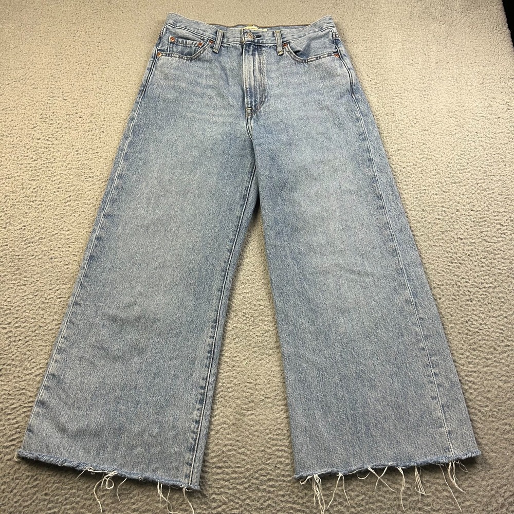 LEVI'S Jeans Women Blue Denim Ribcage Wide Leg Crop High Rise Raw Hem FITS 29x24